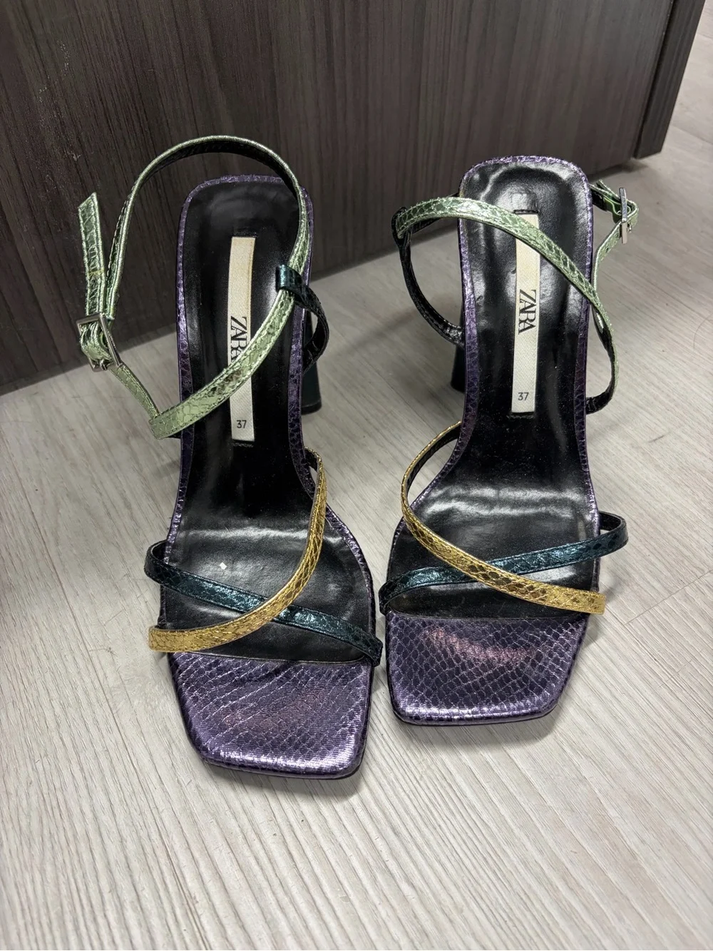 Zara Metallic Purple, Green & Gold Strappy Block Heel Sandals